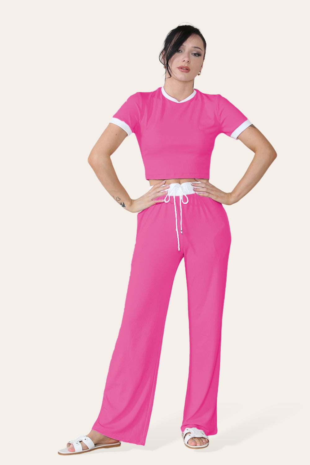 Ribbed Contrast Wide Leg Flared Trousers And Top Loungewear TRS Cropped Set 4 Ribbed Contrast Wide Leg Flared Trousers And Top Loungewear TRS Cropped Set - Image 4