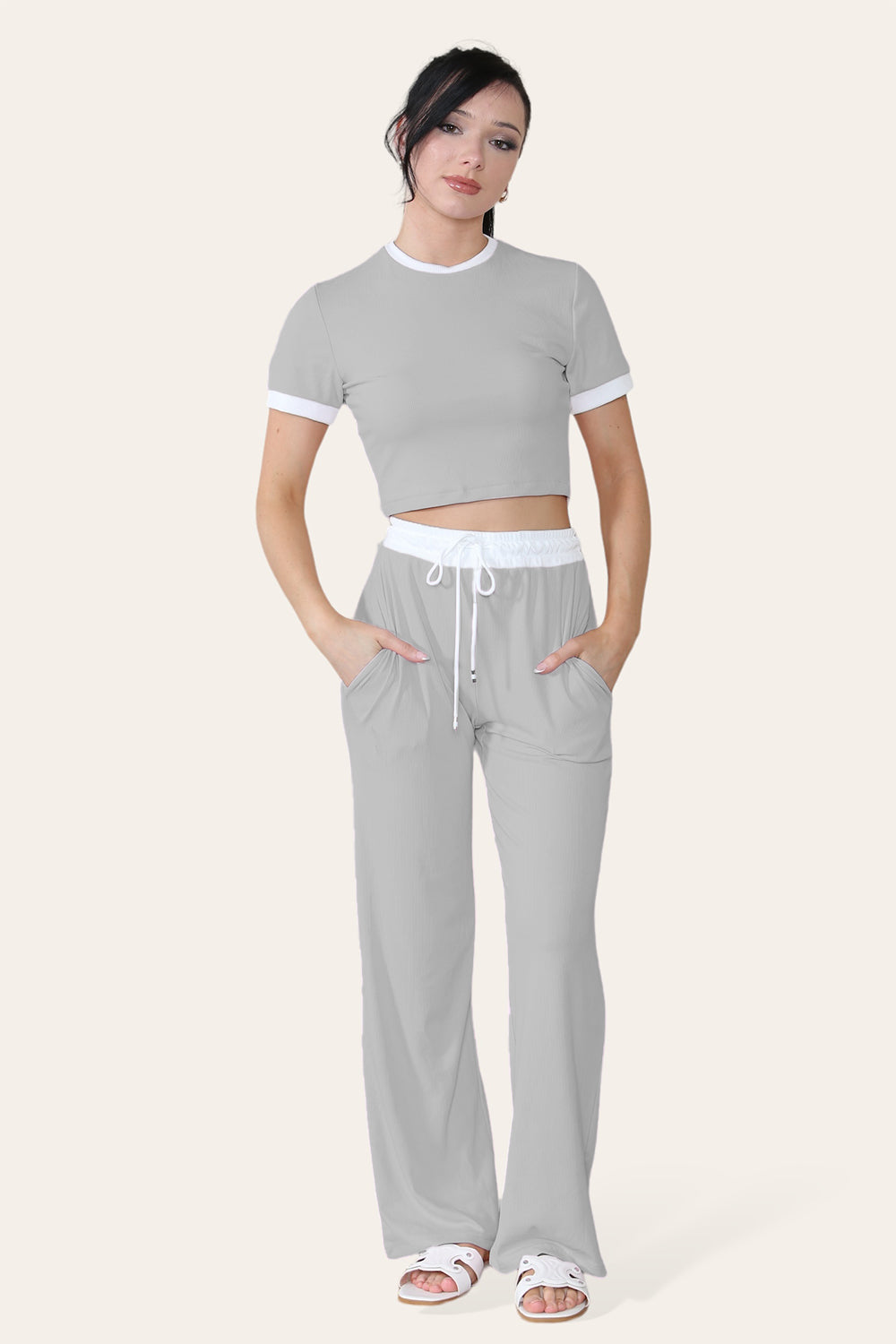 Ribbed Contrast Wide Leg Flared Trousers And Top Loungewear TRS Cropped Set 5 Ribbed Contrast Wide Leg Flared Trousers And Top Loungewear TRS Cropped Set - Image 5