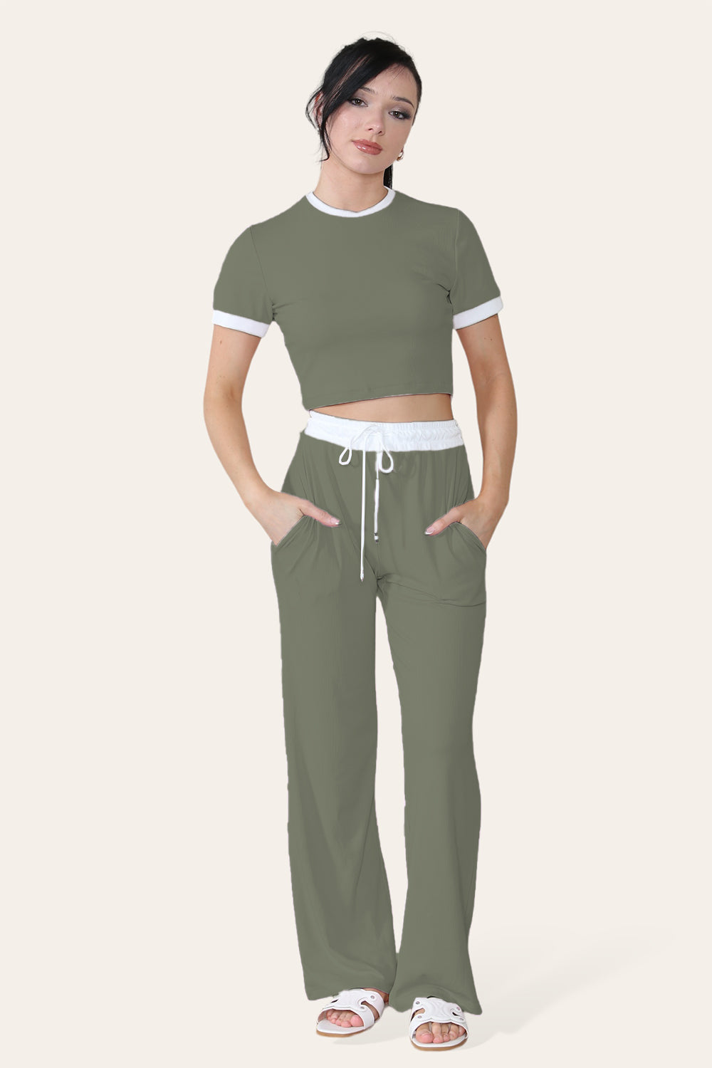 Ribbed Contrast Wide Leg Flared Trousers And Top Loungewear TRS Cropped Set 6 Ribbed Contrast Wide Leg Flared Trousers And Top Loungewear TRS Cropped Set - Image 6