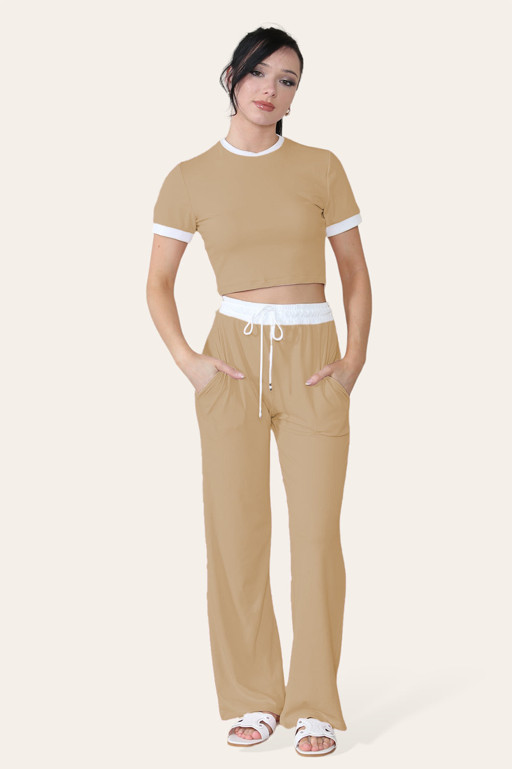 Ribbed Contrast Wide Leg Flared Trousers And Top Loungewear TRS Cropped Set 7 Ribbed Contrast Wide Leg Flared Trousers And Top Loungewear TRS Cropped Set - Image 7