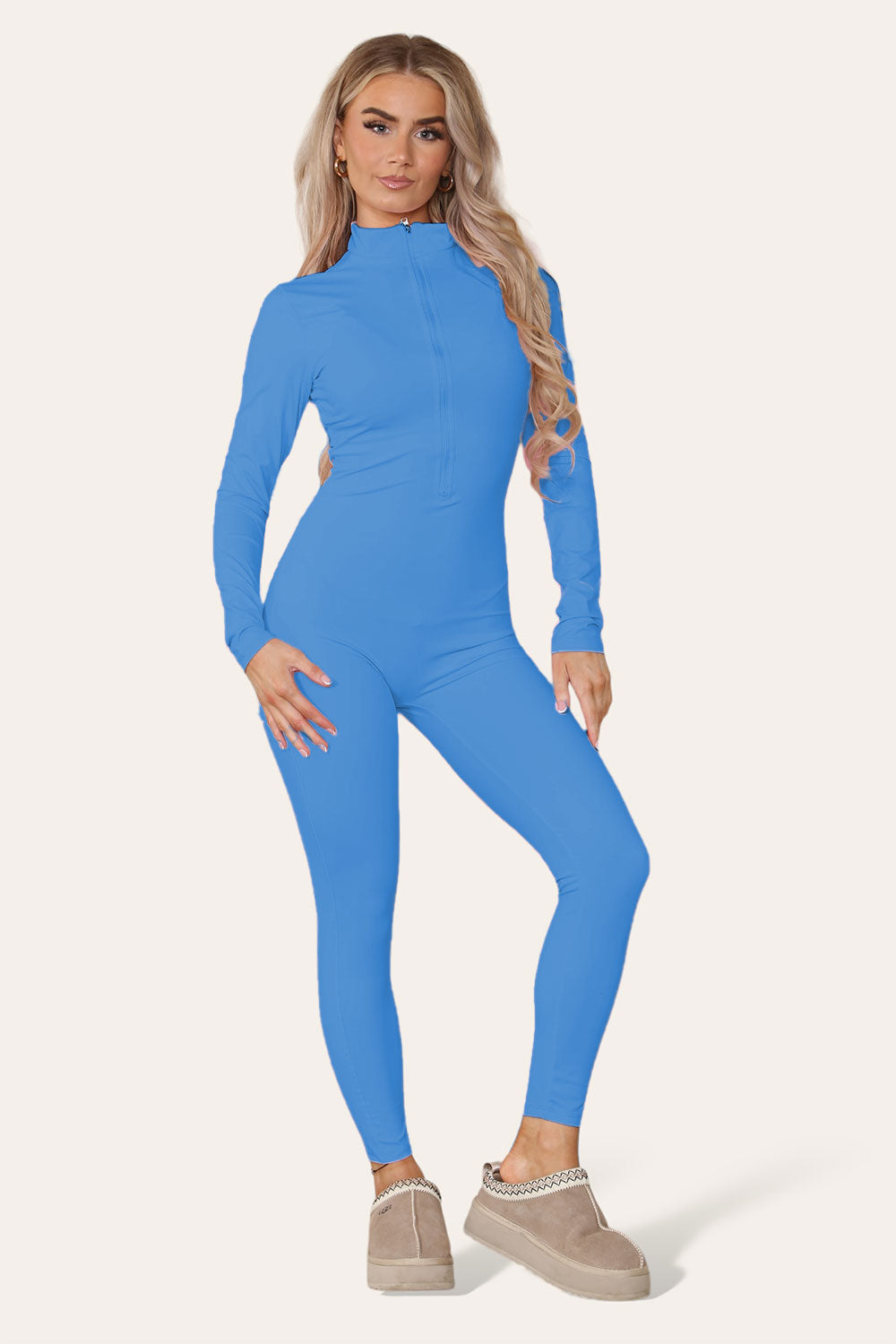 Ribbed High Neck Zipper Collar Jumpsuit Front Unitard Set 14 Ribbed High Neck Zipper Collar Jumpsuit Front Unitard Set - Image 14
