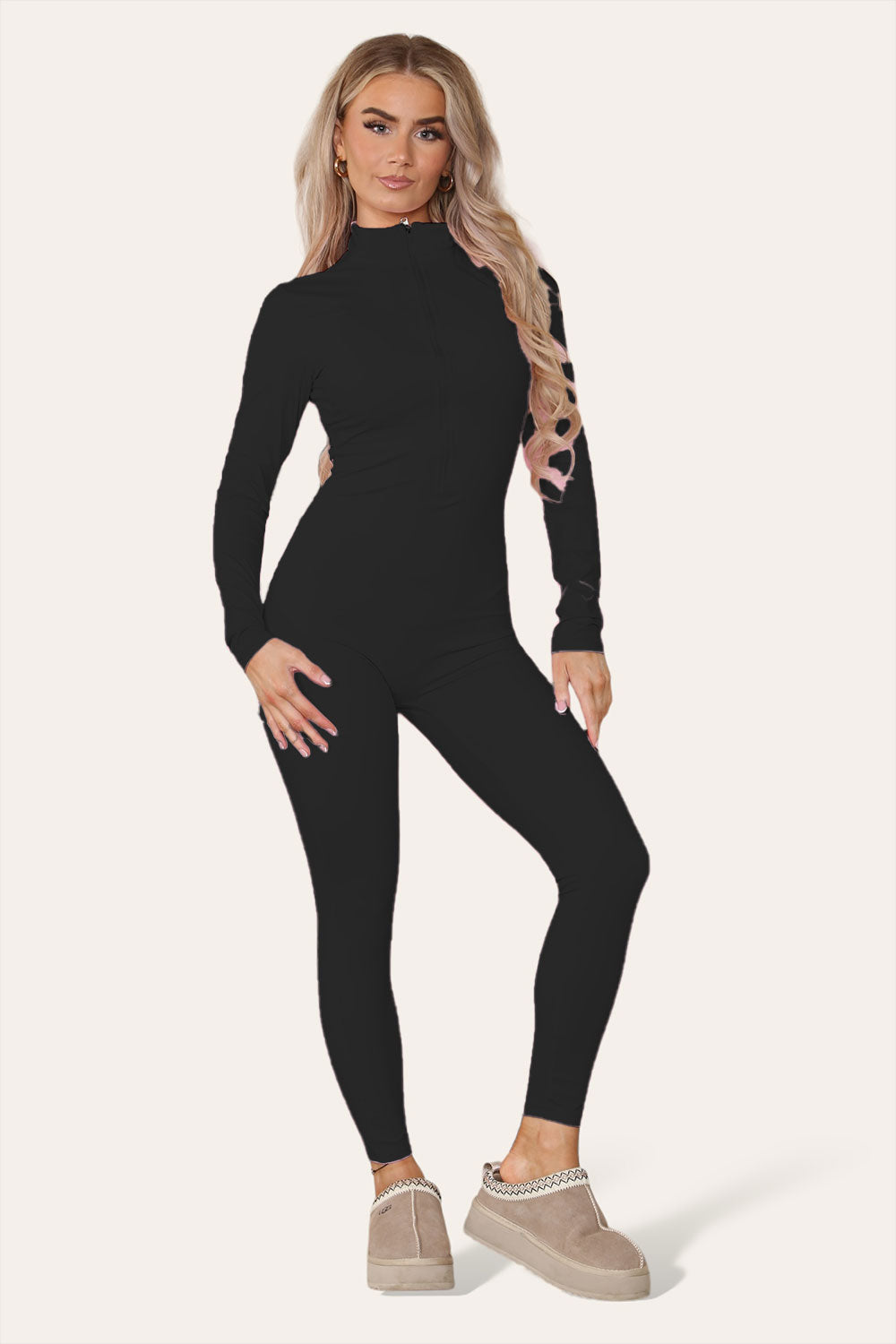 Ribbed High Neck Zipper Collar Jumpsuit Front Unitard Set 18 Ribbed High Neck Zipper Collar Jumpsuit Front Unitard Set - Image 18