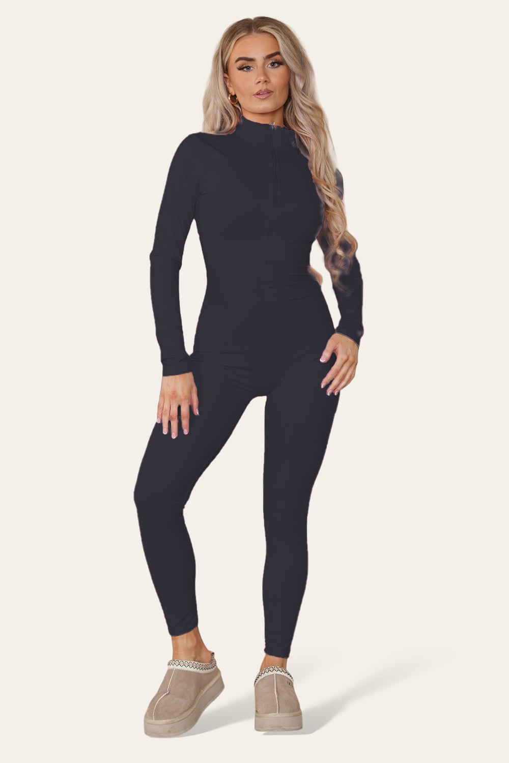 Ribbed High Neck Zipper Collar Jumpsuit Front Unitard Set 19 Ribbed High Neck Zipper Collar Jumpsuit Front Unitard Set - Image 19