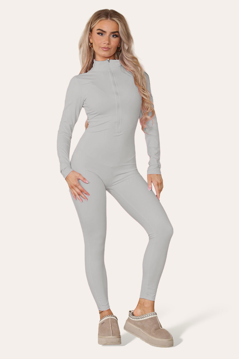 Ribbed High Neck Zipper Collar Jumpsuit Front Unitard Set 6 Ribbed High Neck Zipper Collar Jumpsuit Front Unitard Set - Image 6