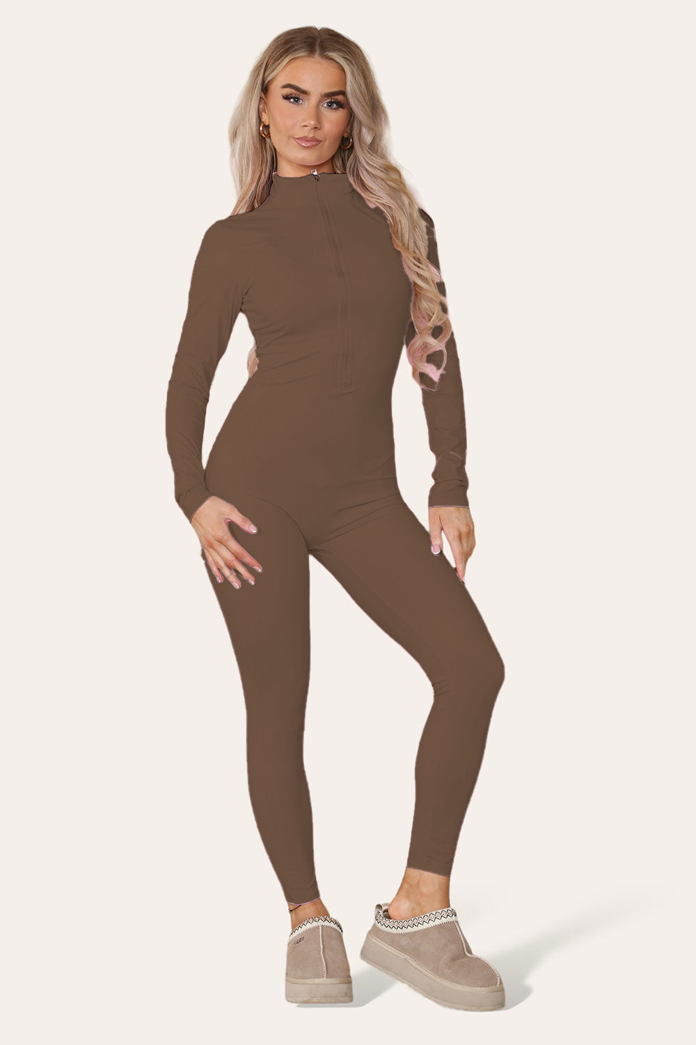 Ribbed High Neck Zipper Collar Jumpsuit Front Unitard Set 4 Ribbed High Neck Zipper Collar Jumpsuit Front Unitard Set - Image 4