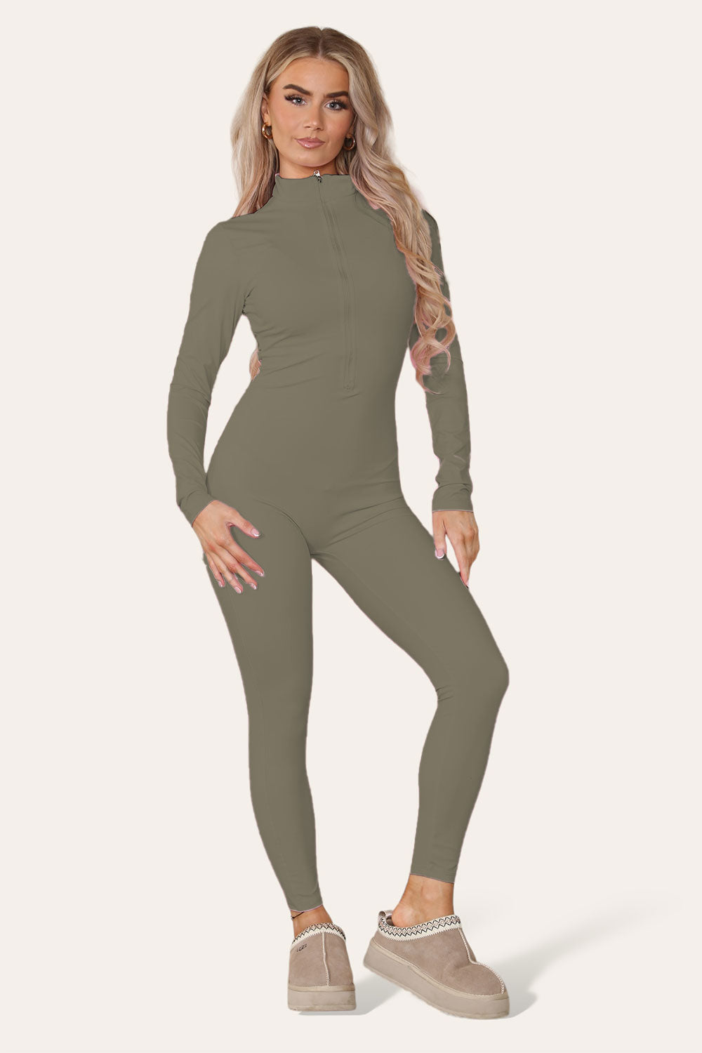 Ribbed High Neck Zipper Collar Jumpsuit Front Unitard Set 10 Ribbed High Neck Zipper Collar Jumpsuit Front Unitard Set - Image 10
