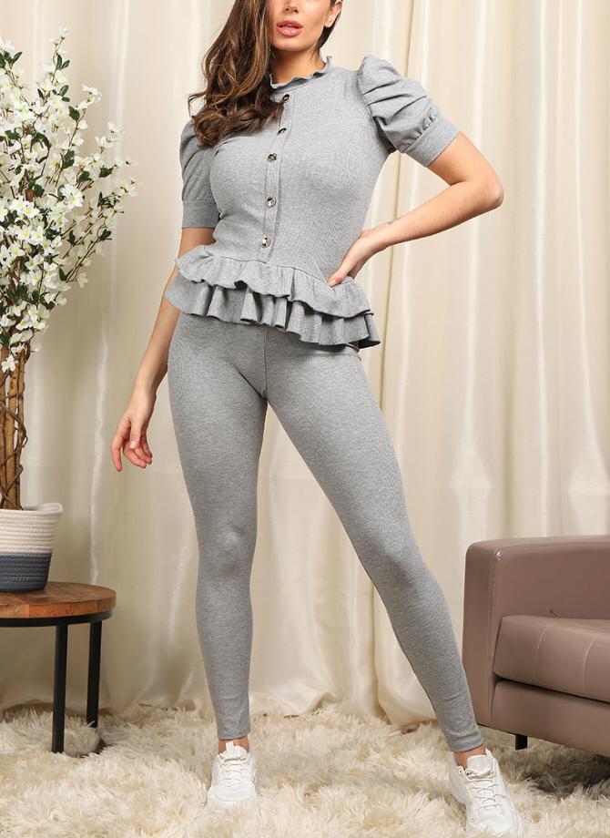 Short Sleeves Two Piece Suit with Ribbed Legging Co-Ord Top Gold Button Frill Hem Peplum Ribbed Lounge Set 12 Short Sleeves Two Piece Suit with Ribbed Legging Co-Ord Top Gold Button Frill Hem Peplum Ribbed Lounge Set - Image 12