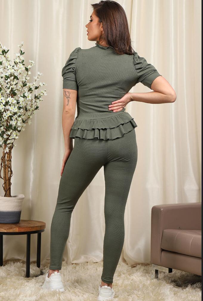 Short Sleeves Two Piece Suit with Ribbed Legging Co-Ord Top Gold Button Frill Hem Peplum Ribbed Lounge Set 15 Short Sleeves Two Piece Suit with Ribbed Legging Co-Ord Top Gold Button Frill Hem Peplum Ribbed Lounge Set - Image 15