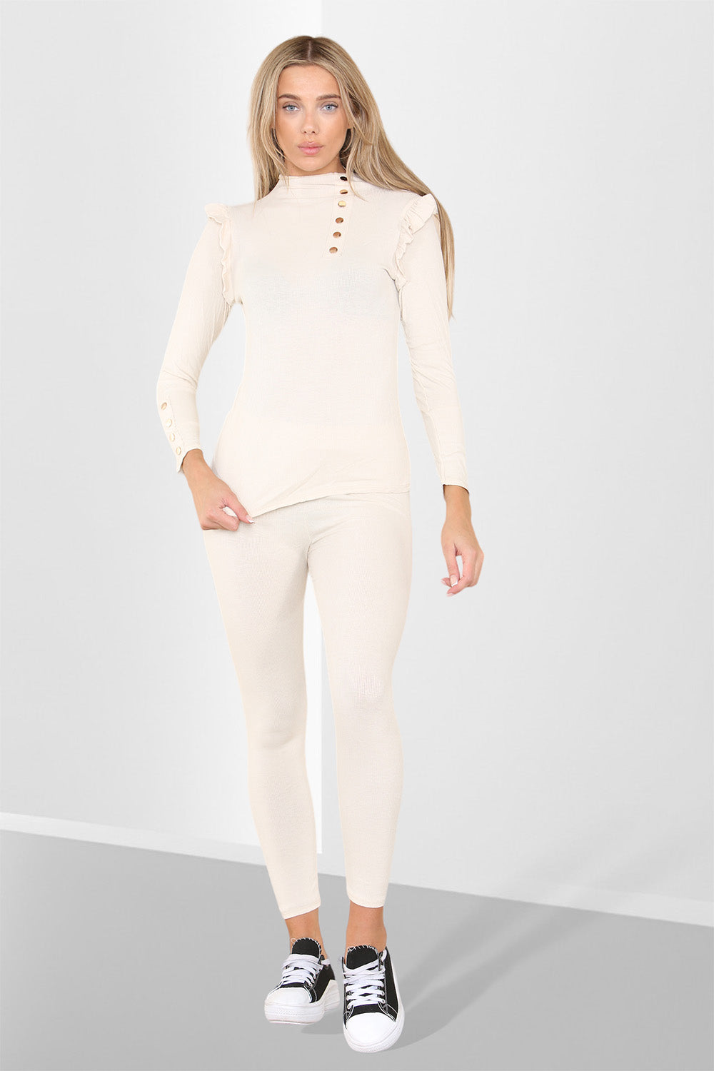 Side Buttons Frill Shoulder Side Neck Gold Button Detail Two Piece Loungewear Set 9 Side Buttons Frill Shoulder Side Neck Gold Button Detail Two Piece Loungewear Set - Image 9