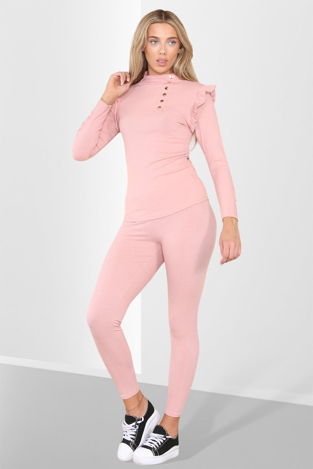 Side Buttons Frill Shoulder Side Neck Gold Button Detail Two Piece Loungewear Set 5 Side Buttons Frill Shoulder Side Neck Gold Button Detail Two Piece Loungewear Set - Image 5