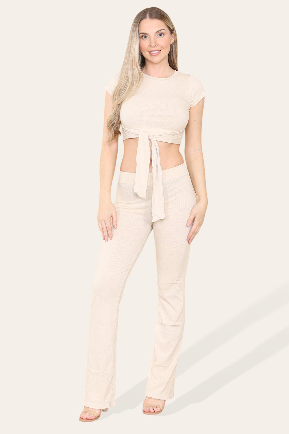 Tie Belt Front Cropped Loungewear Ribbed Trousers Set 1 Tie Belt Front Cropped Loungewear Ribbed Trousers Set