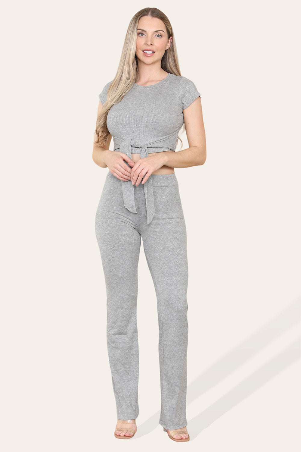 Tie Belt Front Cropped Loungewear Ribbed Trousers Set 3 Tie Belt Front Cropped Loungewear Ribbed Trousers Set - Image 3