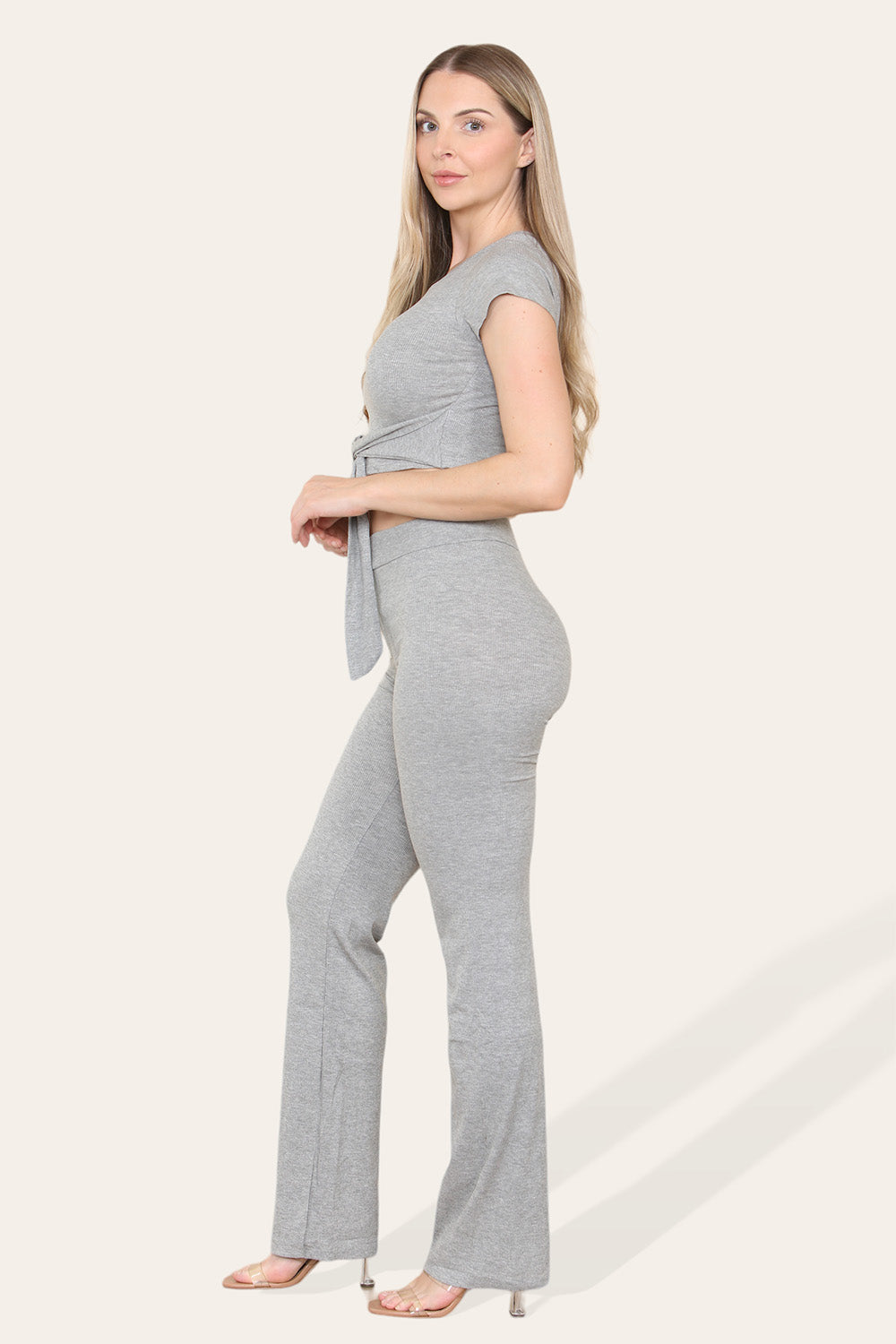 Tie Belt Front Cropped Loungewear Ribbed Trousers Set 4 Tie Belt Front Cropped Loungewear Ribbed Trousers Set - Image 4