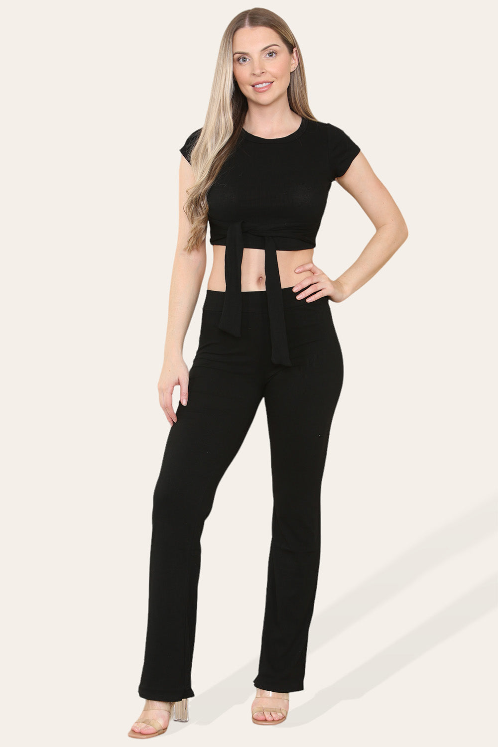 Tie Belt Front Cropped Loungewear Ribbed Trousers Set 8 Tie Belt Front Cropped Loungewear Ribbed Trousers Set - Image 8