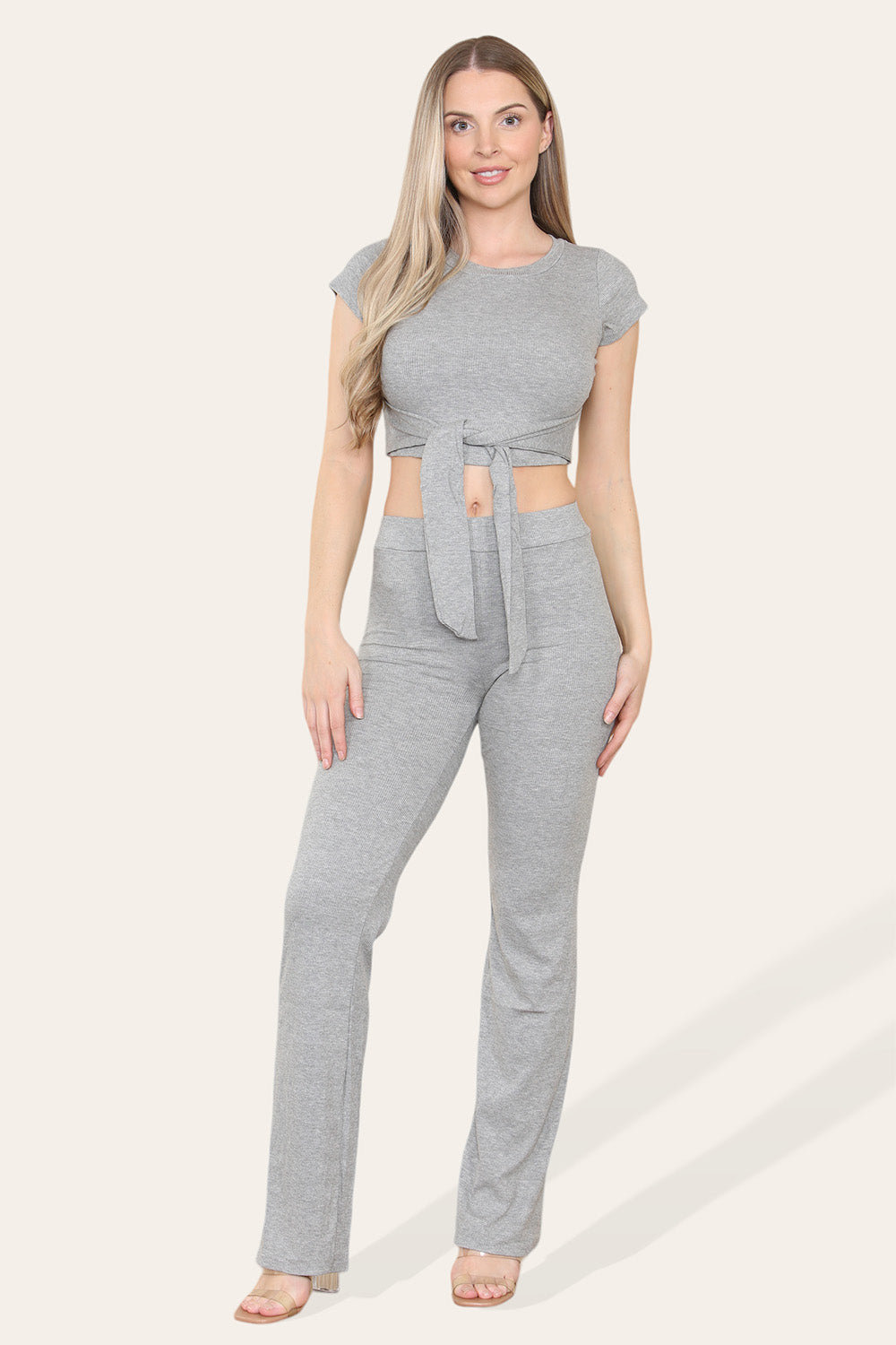 Tie Belt Front Cropped Loungewear Ribbed Trousers Set 2 Tie Belt Front Cropped Loungewear Ribbed Trousers Set - Image 2