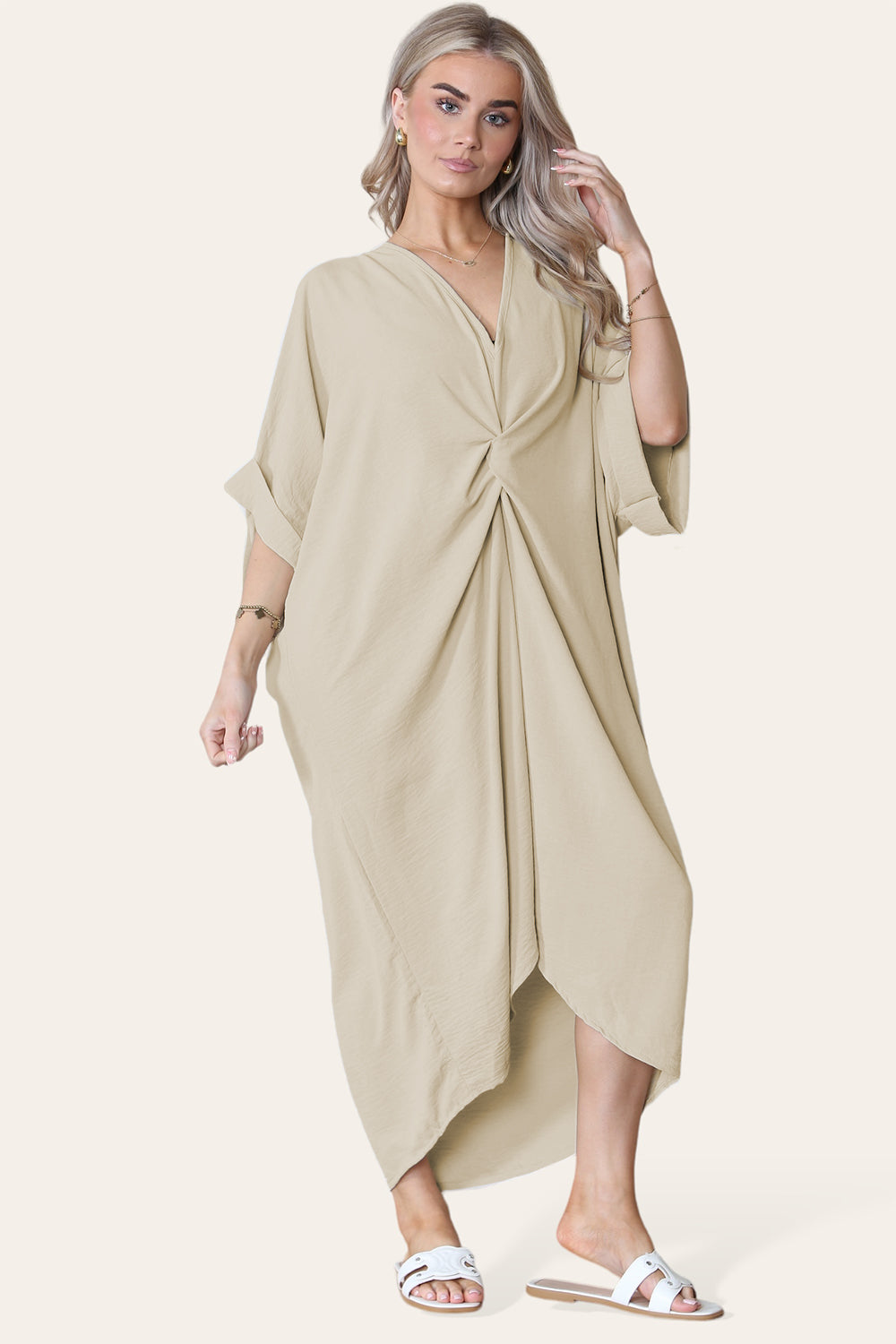 Womens V-Neck Tie Knotted Twisted Front Oversized Longline Midi Dress 9 Womens V-Neck Tie Knotted Twisted Front Oversized Longline Midi Dress - Image 9