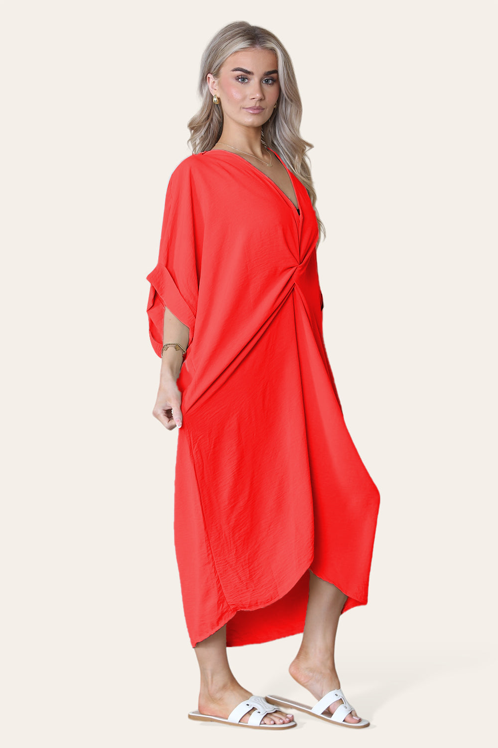 Womens V-Neck Tie Knotted Twisted Front Oversized Longline Midi Dress 1 Womens V-Neck Tie Knotted Twisted Front Oversized Longline Midi Dress