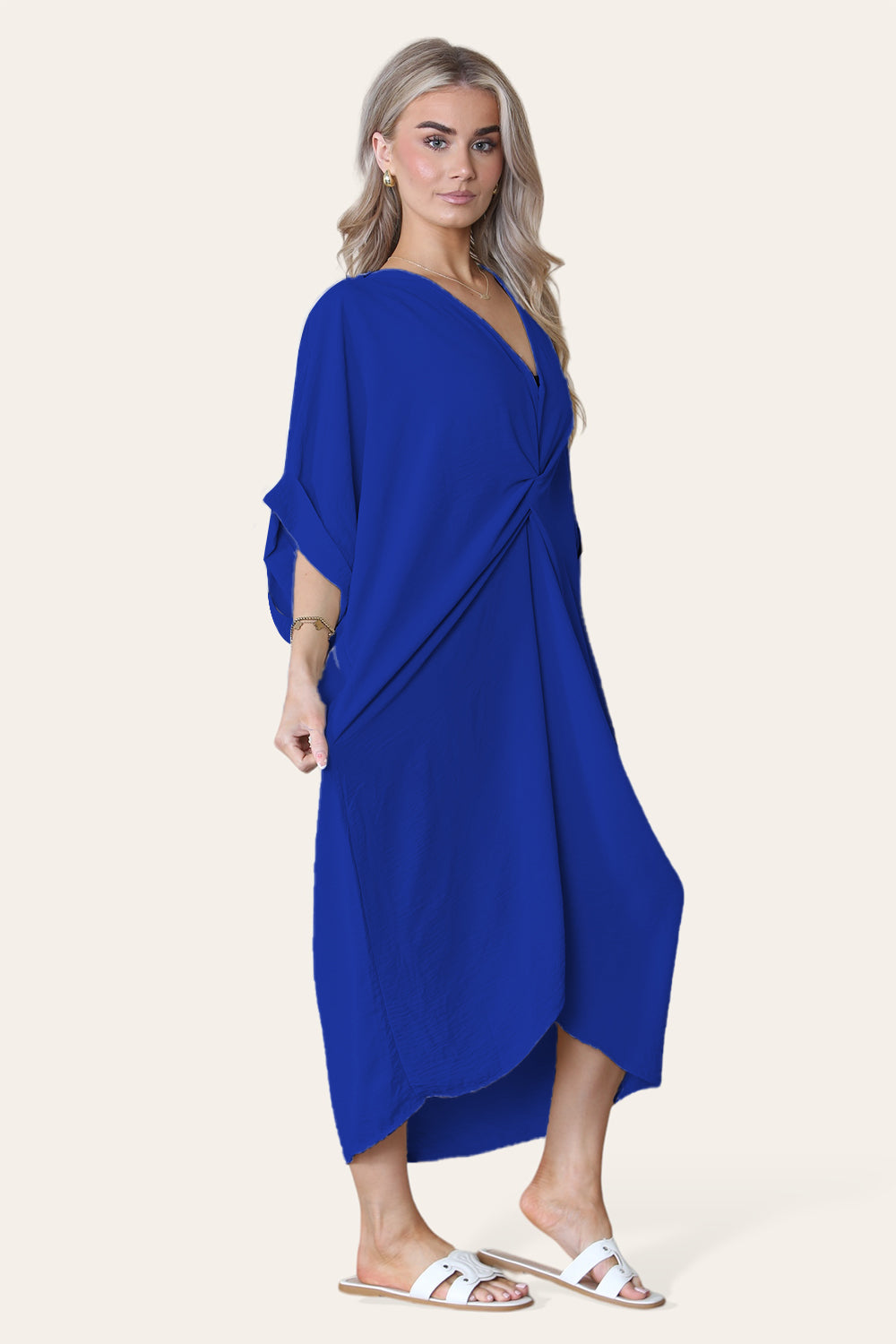Womens V-Neck Tie Knotted Twisted Front Oversized Longline Midi Dress 5 Womens V-Neck Tie Knotted Twisted Front Oversized Longline Midi Dress - Image 5