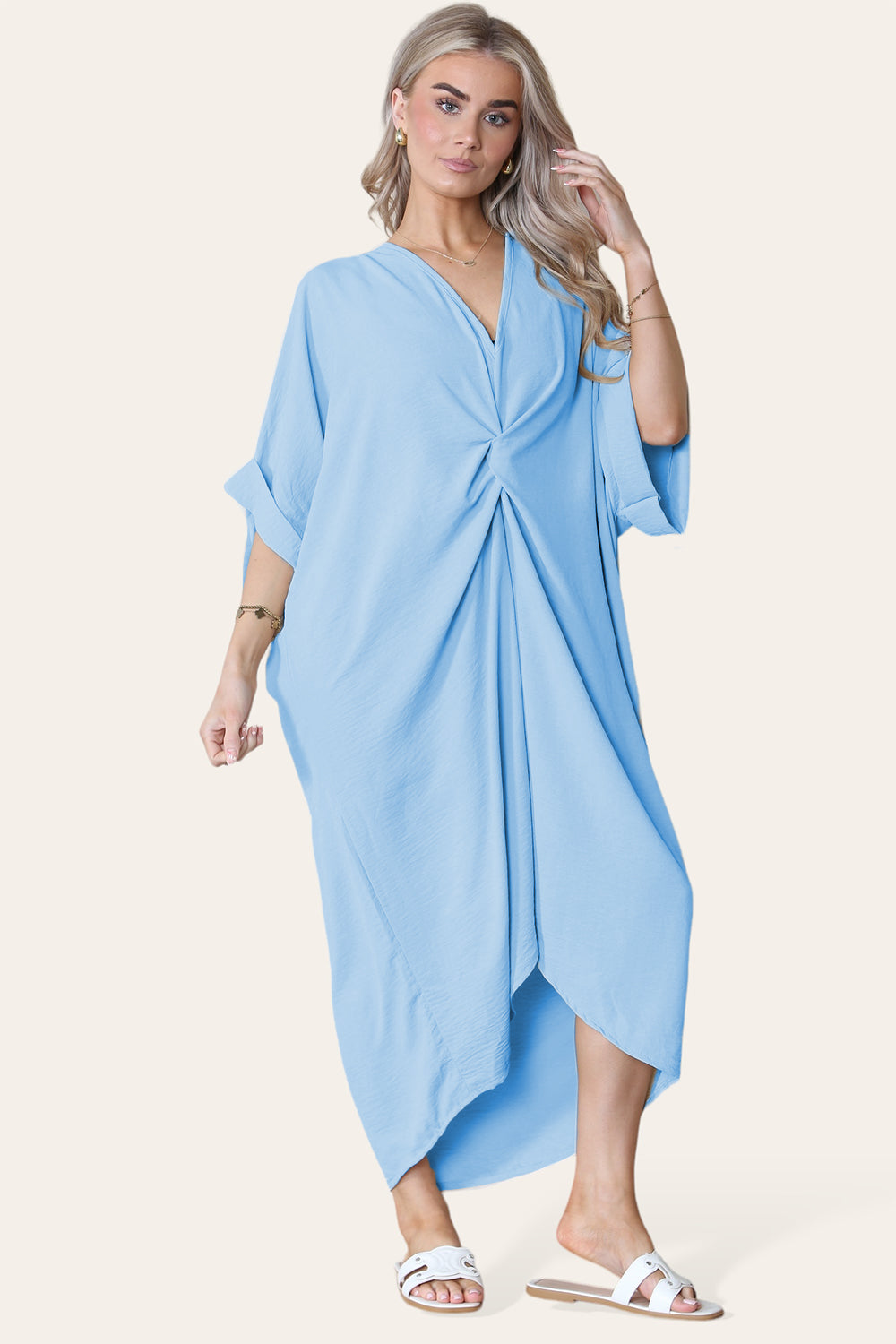 Womens V-Neck Tie Knotted Twisted Front Oversized Longline Midi Dress 7 Womens V-Neck Tie Knotted Twisted Front Oversized Longline Midi Dress - Image 7
