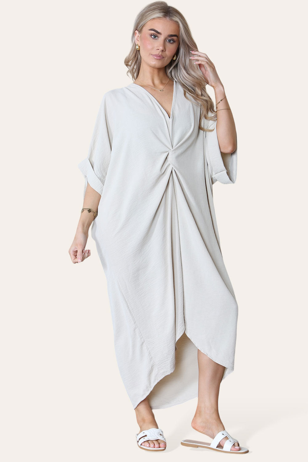 Womens V-Neck Tie Knotted Twisted Front Oversized Longline Midi Dress 2 Womens V-Neck Tie Knotted Twisted Front Oversized Longline Midi Dress - Image 2
