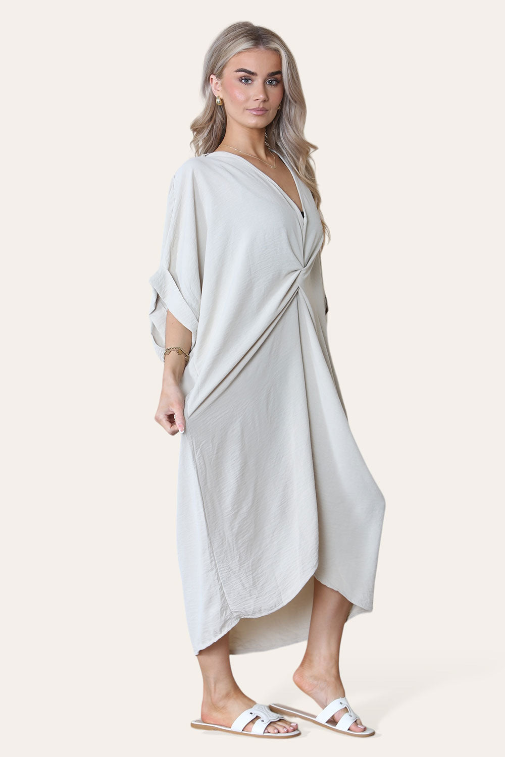 Womens V-Neck Tie Knotted Twisted Front Oversized Longline Midi Dress 3 Womens V-Neck Tie Knotted Twisted Front Oversized Longline Midi Dress - Image 3