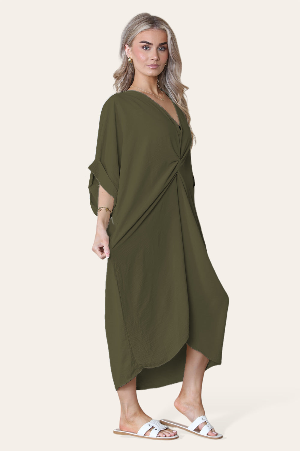 Womens V-Neck Tie Knotted Twisted Front Oversized Longline Midi Dress 15 Womens V-Neck Tie Knotted Twisted Front Oversized Longline Midi Dress - Image 15