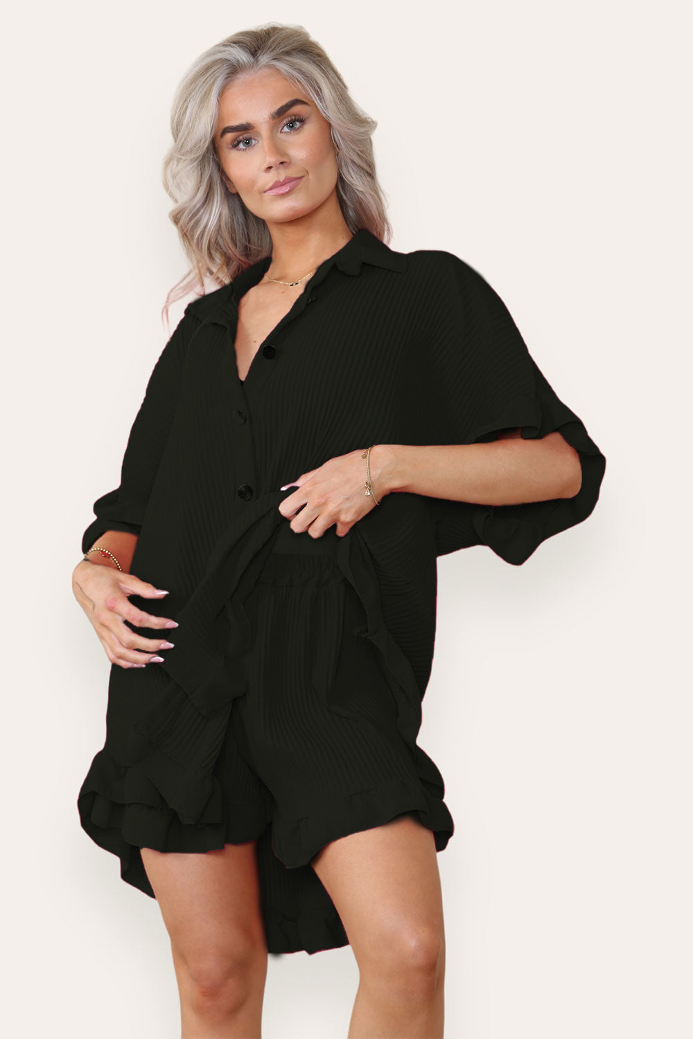 Women’s Casual Oversized Gold Button Pleated Frilled Ruffle Short Sleeves Shirt Top and Short Co-Ord Set 17 Women’s Casual Oversized Gold Button Pleated Frilled Ruffle Short Sleeves Shirt Top and Short Co-Ord Set - Image 17