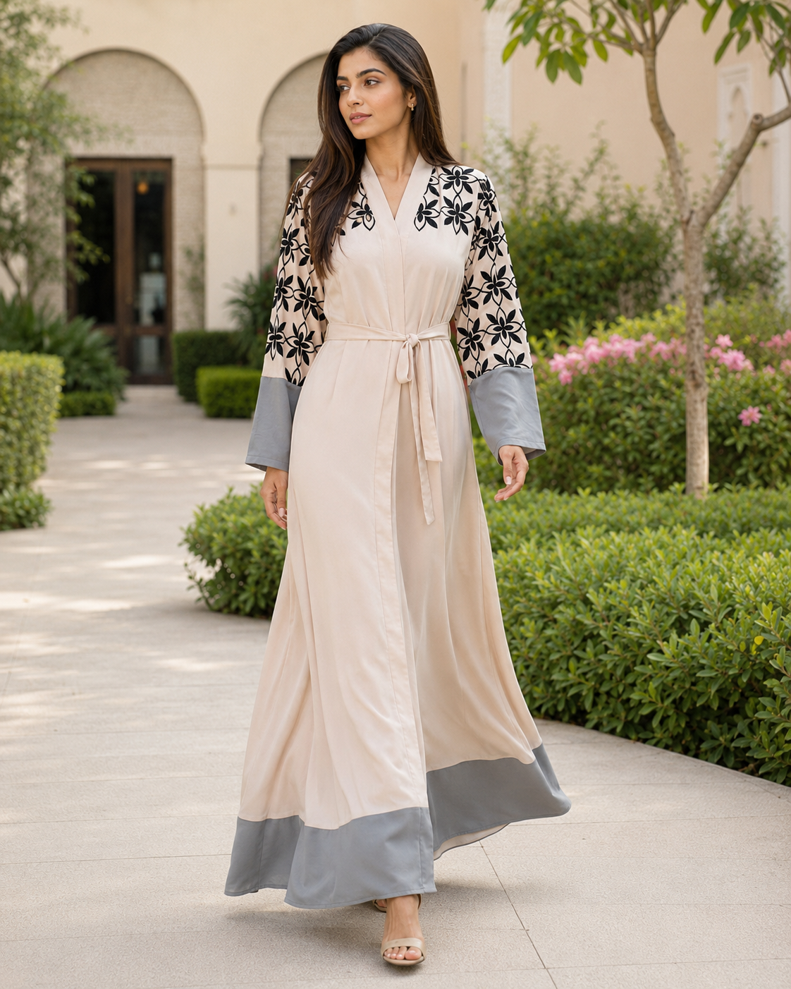 Women’s Floral Abaya Maxi Dress Belted Long Sleeve Modest Kaftan Robe UK 3 Women’s Floral Abaya Maxi Dress Belted Long Sleeve Modest Kaftan Robe UK - Image 3