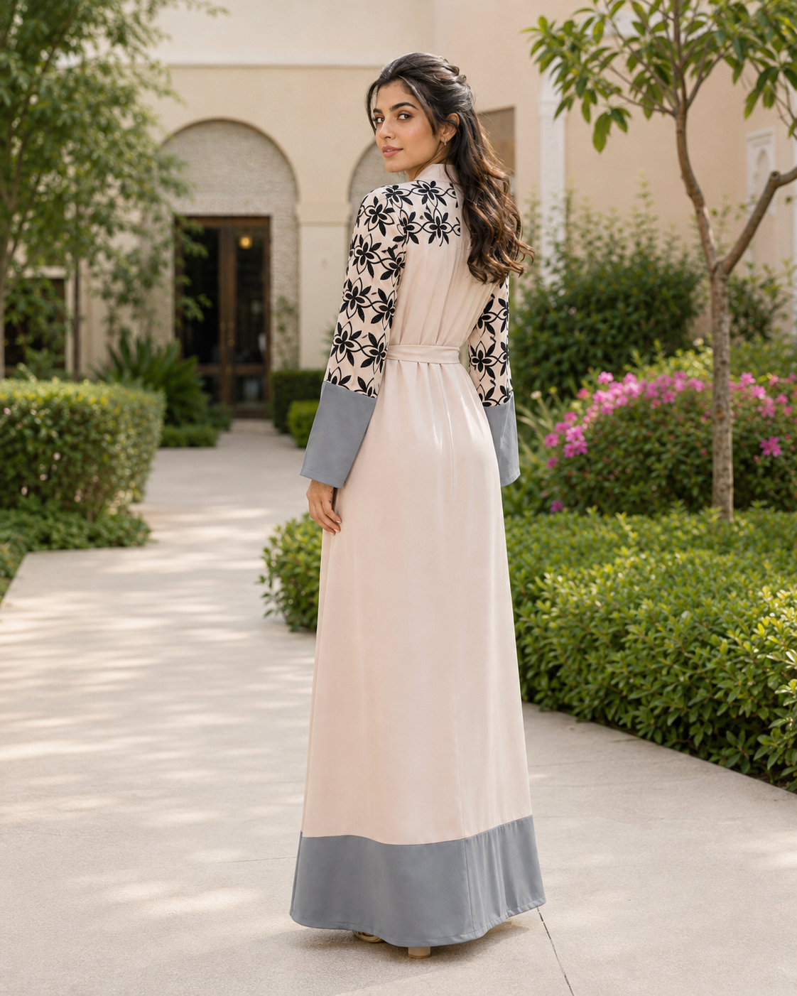 Women’s Floral Abaya Maxi Dress Belted Long Sleeve Modest Kaftan Robe UK 5 Women’s Floral Abaya Maxi Dress Belted Long Sleeve Modest Kaftan Robe UK - Image 5