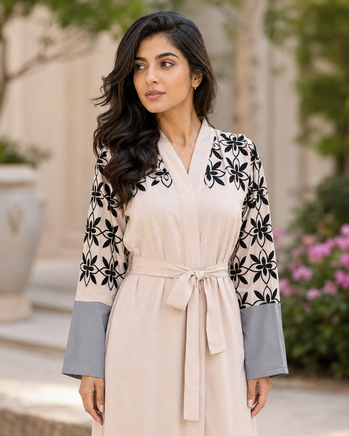 Women’s Floral Abaya Maxi Dress Belted Long Sleeve Modest Kaftan Robe UK 2 Women’s Floral Abaya Maxi Dress Belted Long Sleeve Modest Kaftan Robe UK - Image 2