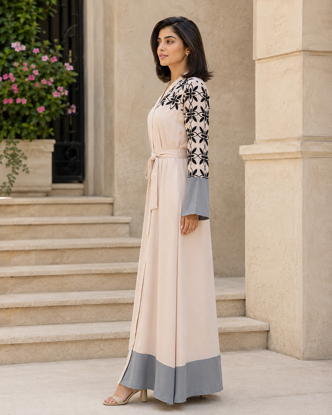 Women’s Floral Abaya Maxi Dress Belted Long Sleeve Modest Kaftan Robe UK 8 Women’s Floral Abaya Maxi Dress Belted Long Sleeve Modest Kaftan Robe UK - Image 8