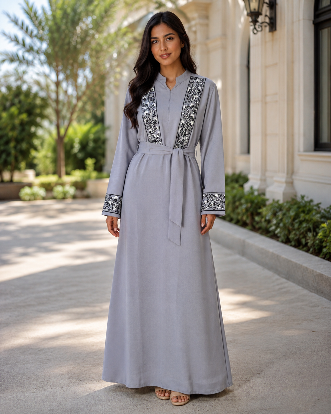 Women’s Grey Abaya Maxi Dress Embroidered Belted Long Sleeve Modest Kaftan UK 1 Women’s Grey Abaya Maxi Dress Embroidered Belted Long Sleeve Modest Kaftan UK