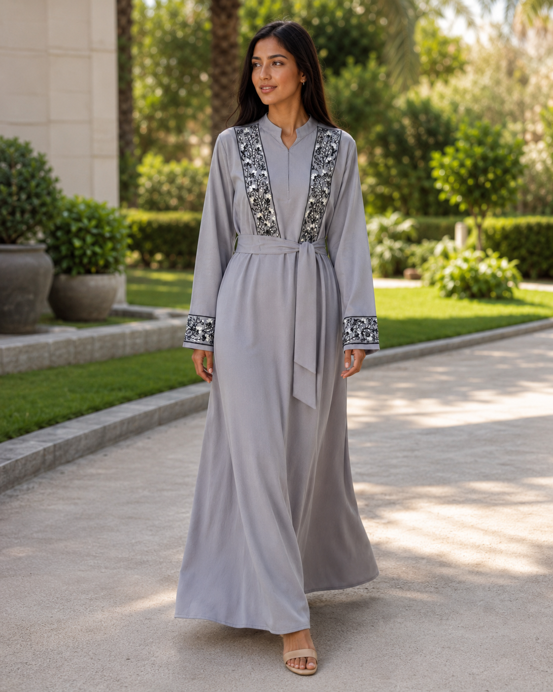 Women’s Grey Abaya Maxi Dress Embroidered Belted Long Sleeve Modest Kaftan UK 2 Women’s Grey Abaya Maxi Dress Embroidered Belted Long Sleeve Modest Kaftan UK - Image 2