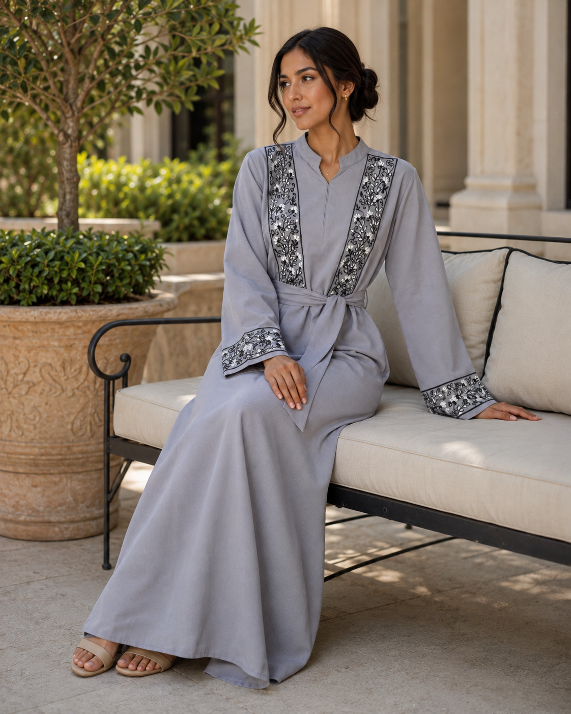 Women’s Grey Abaya Maxi Dress Embroidered Belted Long Sleeve Modest Kaftan UK 3 Women’s Grey Abaya Maxi Dress Embroidered Belted Long Sleeve Modest Kaftan UK - Image 3