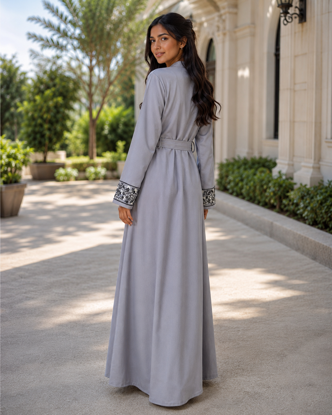 Women’s Grey Abaya Maxi Dress Embroidered Belted Long Sleeve Modest Kaftan UK 4 Women’s Grey Abaya Maxi Dress Embroidered Belted Long Sleeve Modest Kaftan UK - Image 4