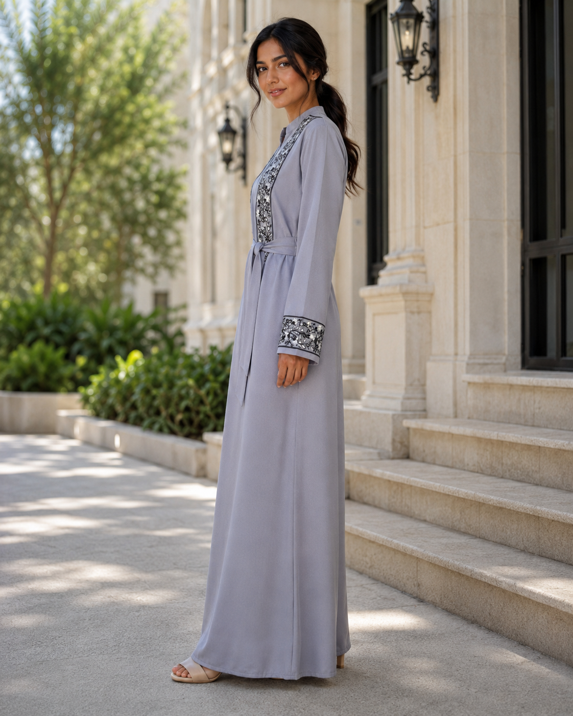 Women’s Grey Abaya Maxi Dress Embroidered Belted Long Sleeve Modest Kaftan UK 5 Women’s Grey Abaya Maxi Dress Embroidered Belted Long Sleeve Modest Kaftan UK - Image 5
