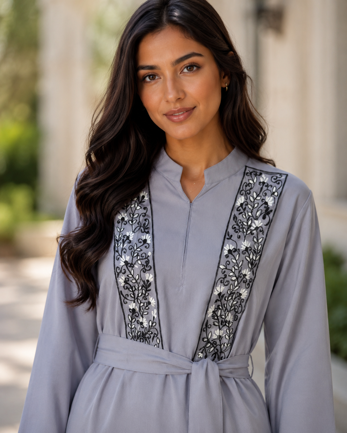 Women’s Grey Abaya Maxi Dress Embroidered Belted Long Sleeve Modest Kaftan UK 6 Women’s Grey Abaya Maxi Dress Embroidered Belted Long Sleeve Modest Kaftan UK - Image 6