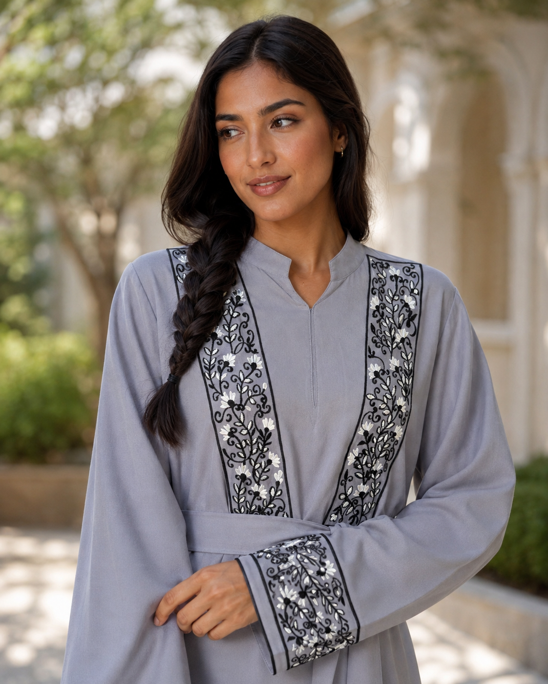Women’s Grey Abaya Maxi Dress Embroidered Belted Long Sleeve Modest Kaftan UK 7 Women’s Grey Abaya Maxi Dress Embroidered Belted Long Sleeve Modest Kaftan UK - Image 7