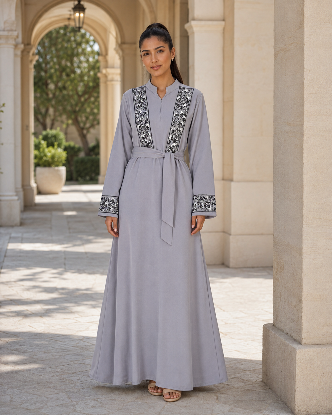 Women’s Grey Abaya Maxi Dress Embroidered Belted Long Sleeve Modest Kaftan UK 8 Women’s Grey Abaya Maxi Dress Embroidered Belted Long Sleeve Modest Kaftan UK - Image 8