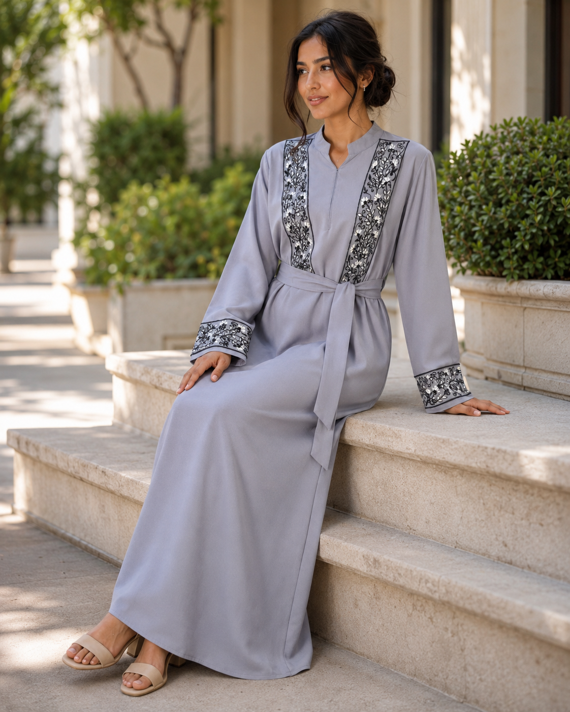 Women’s Grey Abaya Maxi Dress Embroidered Belted Long Sleeve Modest Kaftan UK 9 Women’s Grey Abaya Maxi Dress Embroidered Belted Long Sleeve Modest Kaftan UK - Image 9