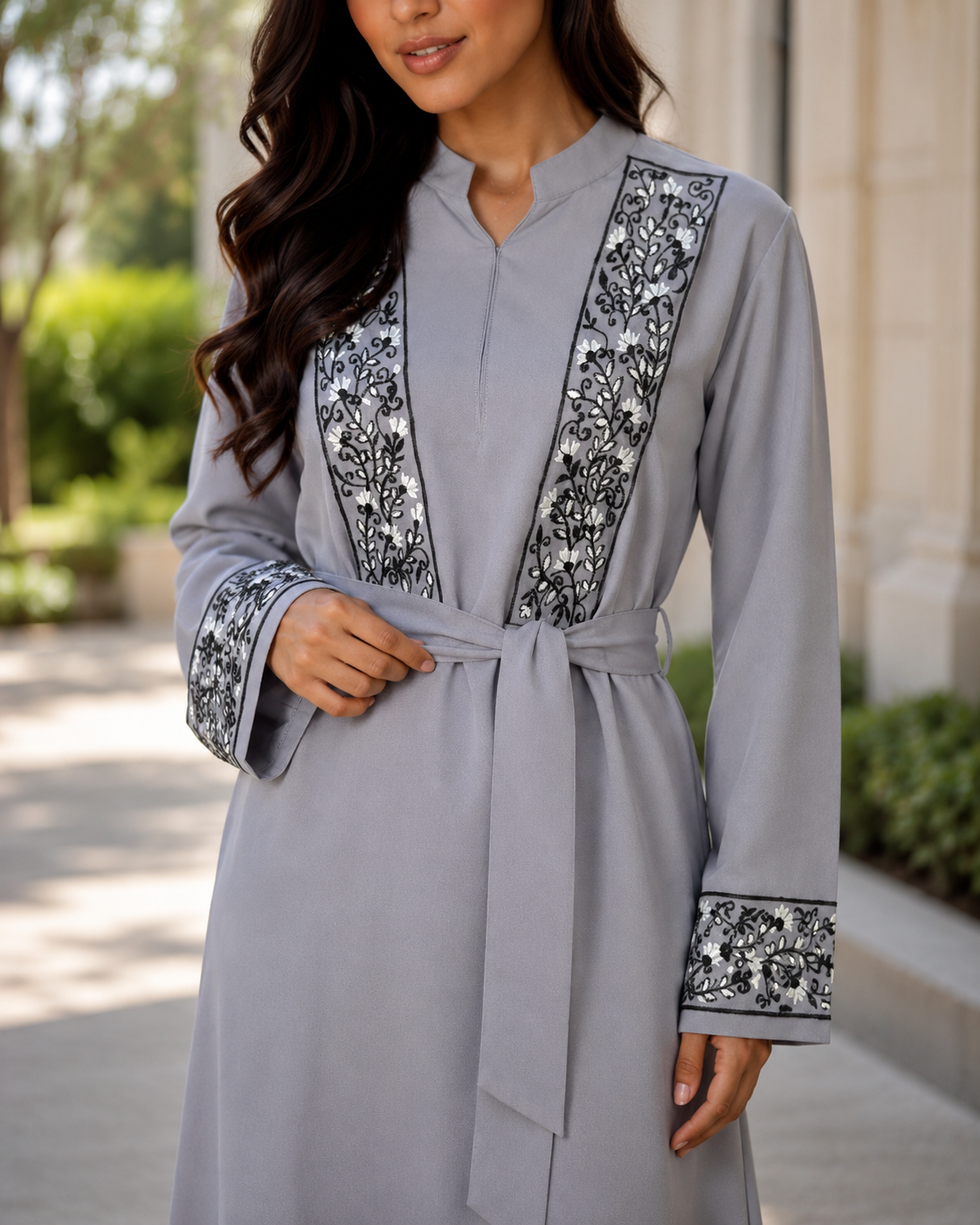 Women’s Grey Abaya Maxi Dress Embroidered Belted Long Sleeve Modest Kaftan UK 10 Women’s Grey Abaya Maxi Dress Embroidered Belted Long Sleeve Modest Kaftan UK - Image 10
