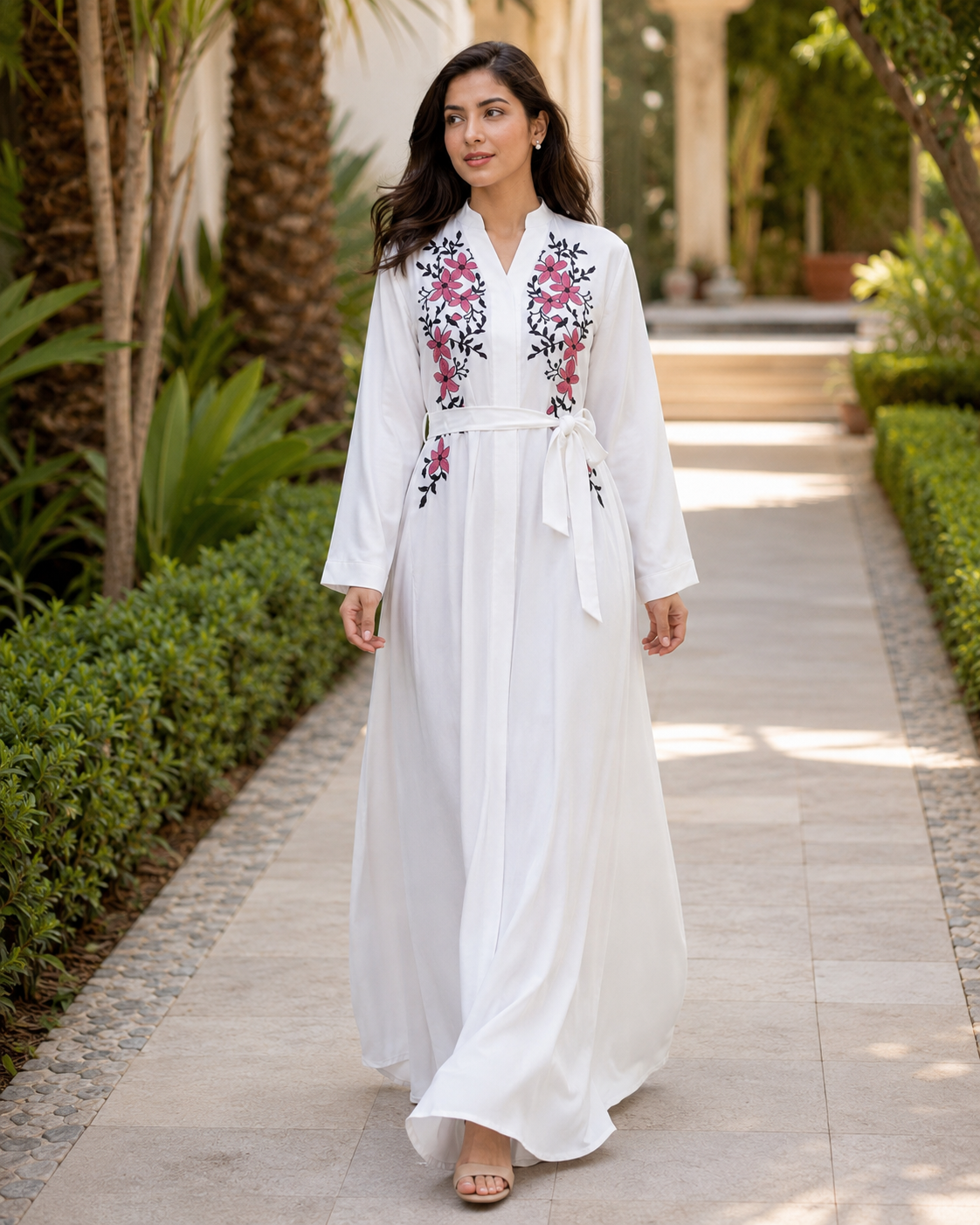 Women's White Floral Embroidered Maxi Dress Long Sleeve Belted Modest Abaya UK 1 Women's White Floral Embroidered Maxi Dress Long Sleeve Belted Modest Abaya UK