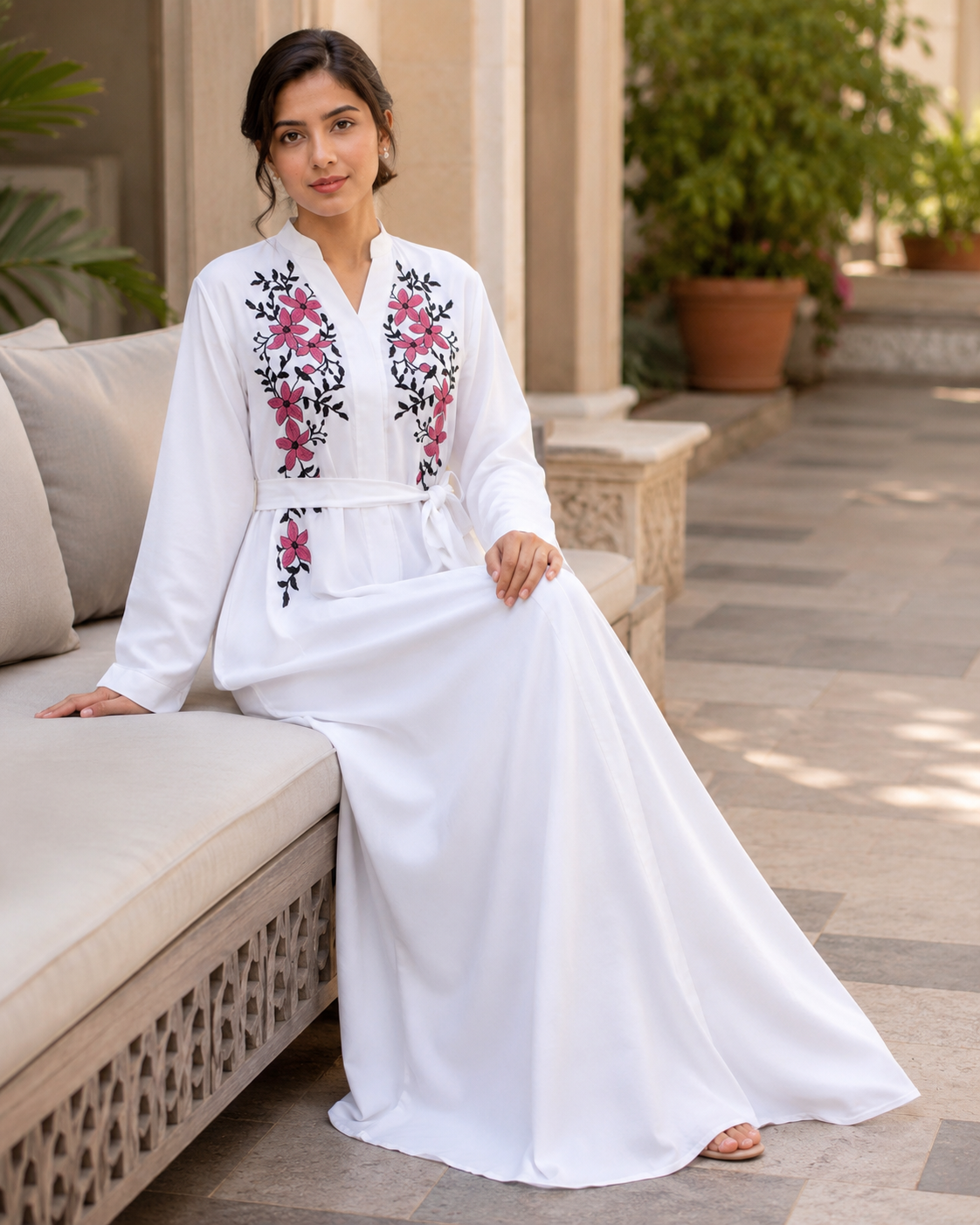 Women's White Floral Embroidered Maxi Dress Long Sleeve Belted Modest Abaya UK 3 Women's White Floral Embroidered Maxi Dress Long Sleeve Belted Modest Abaya UK - Image 3