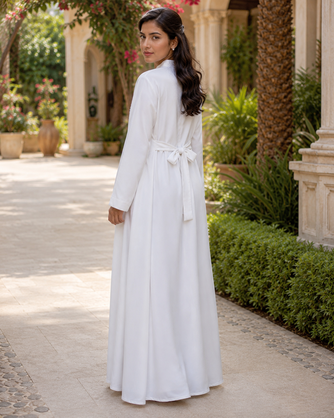 Women's White Floral Embroidered Maxi Dress Long Sleeve Belted Modest Abaya UK 4 Women's White Floral Embroidered Maxi Dress Long Sleeve Belted Modest Abaya UK - Image 4
