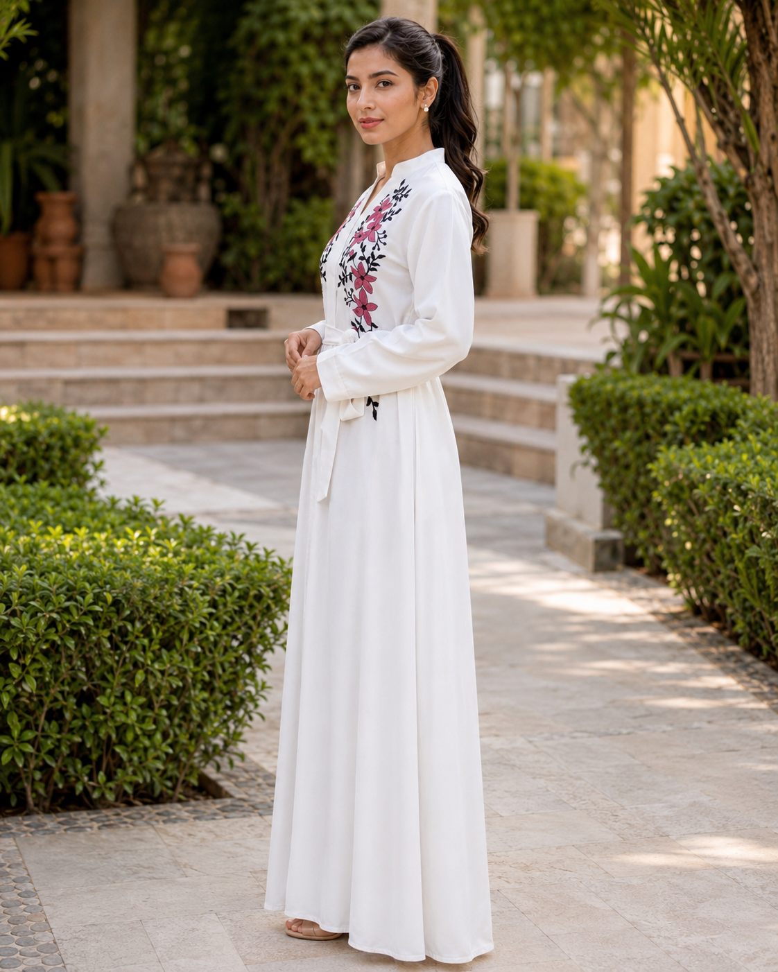 Women's White Floral Embroidered Maxi Dress Long Sleeve Belted Modest Abaya UK 5 Women's White Floral Embroidered Maxi Dress Long Sleeve Belted Modest Abaya UK - Image 5