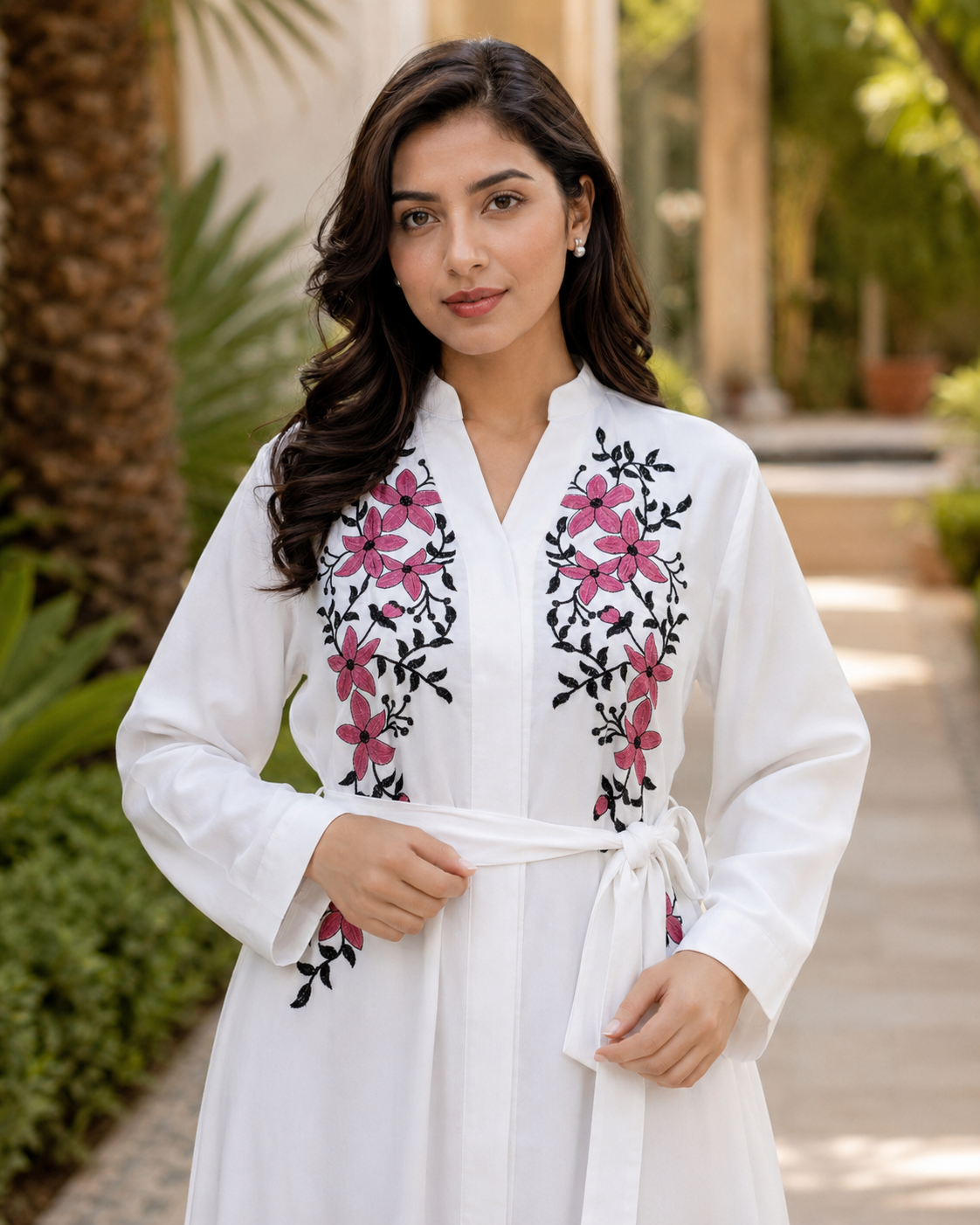 Women's White Floral Embroidered Maxi Dress Long Sleeve Belted Modest Abaya UK 6 Women's White Floral Embroidered Maxi Dress Long Sleeve Belted Modest Abaya UK - Image 6