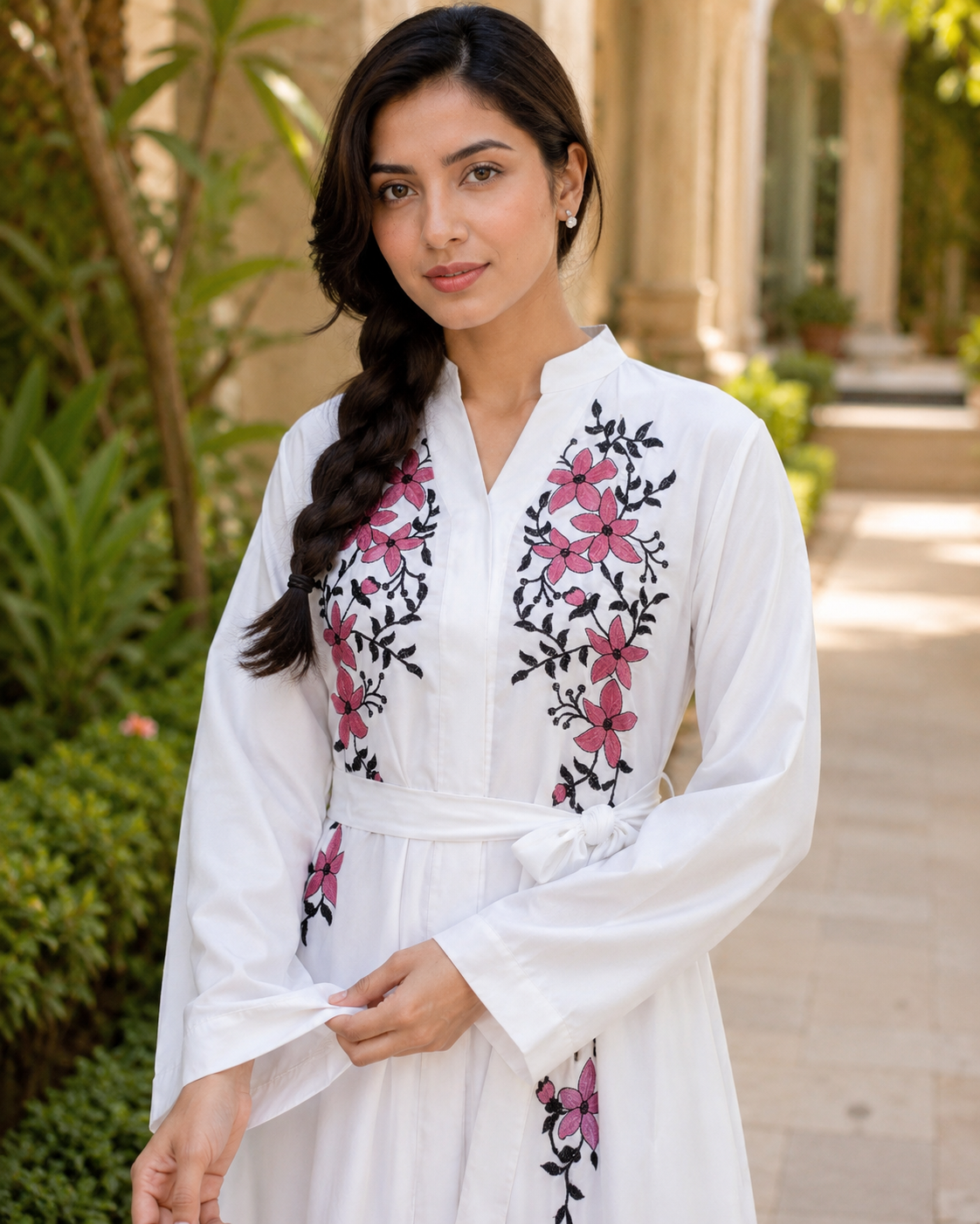 Women's White Floral Embroidered Maxi Dress Long Sleeve Belted Modest Abaya UK 7 Women's White Floral Embroidered Maxi Dress Long Sleeve Belted Modest Abaya UK - Image 7