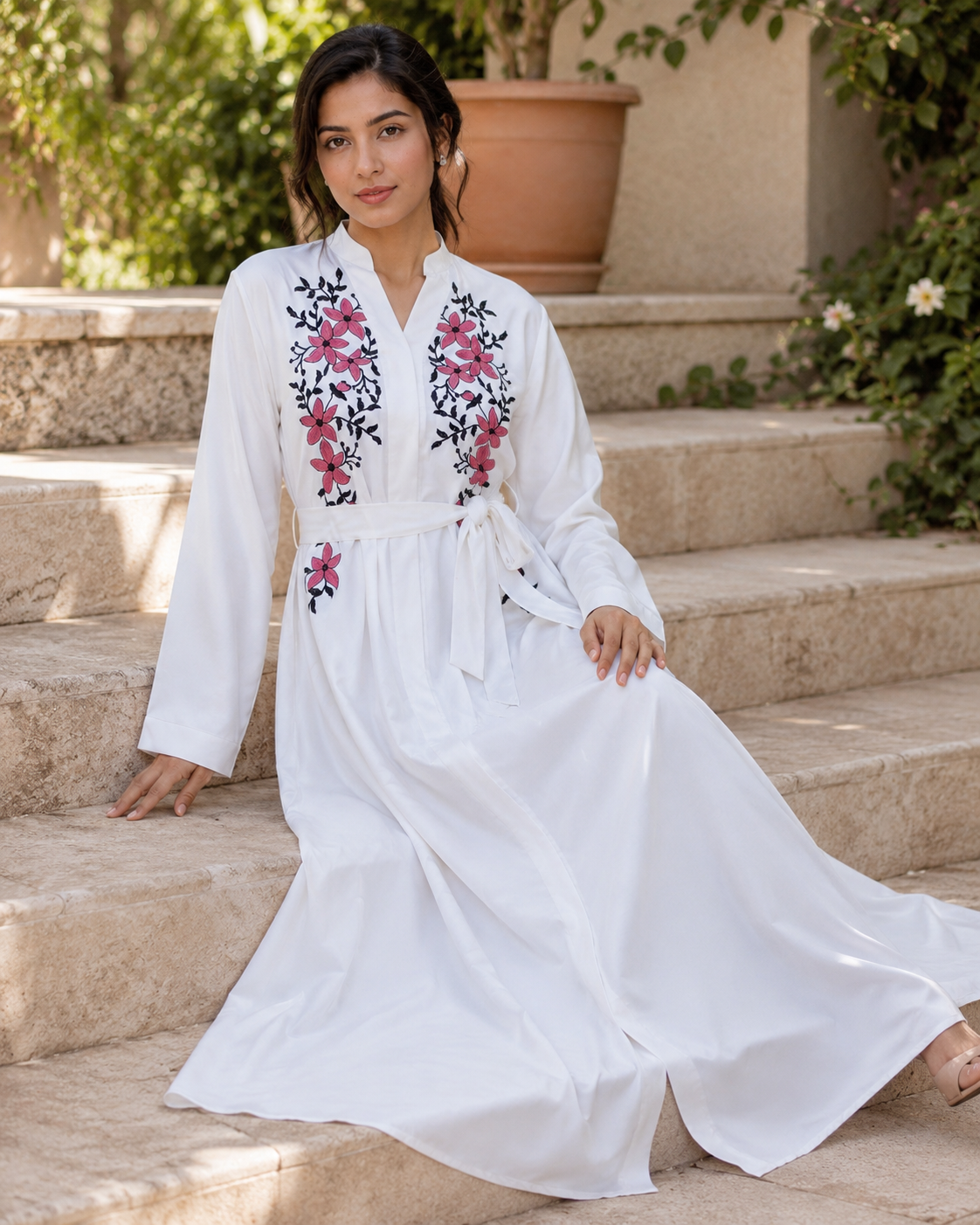 Women's White Floral Embroidered Maxi Dress Long Sleeve Belted Modest Abaya UK 8 Women's White Floral Embroidered Maxi Dress Long Sleeve Belted Modest Abaya UK - Image 8