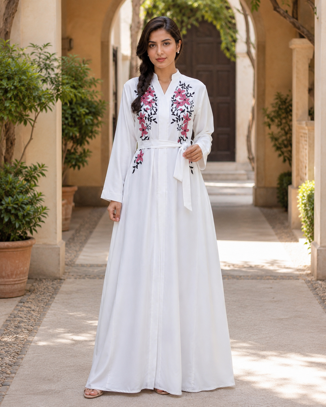 Women's White Floral Embroidered Maxi Dress Long Sleeve Belted Modest Abaya UK 9 Women's White Floral Embroidered Maxi Dress Long Sleeve Belted Modest Abaya UK - Image 9