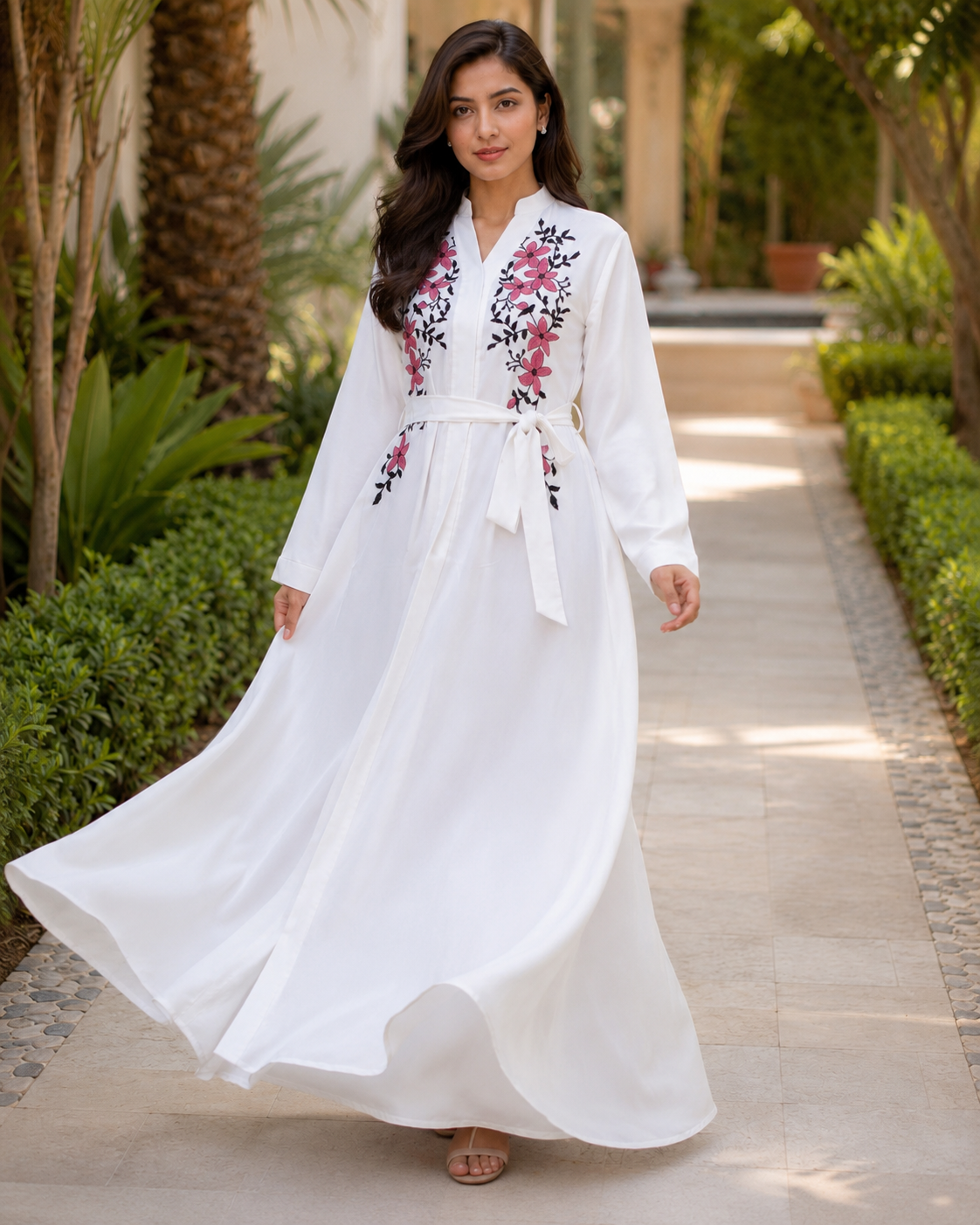 Women's White Floral Embroidered Maxi Dress Long Sleeve Belted Modest Abaya UK 10 Women's White Floral Embroidered Maxi Dress Long Sleeve Belted Modest Abaya UK - Image 10